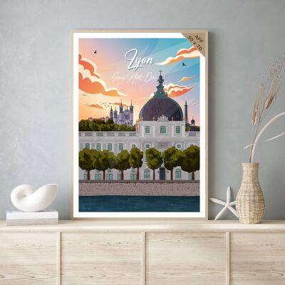 Póster de viaje vintage y cuadro de madera para decoración de interiores / Lyon - Grand Hôtel-Dieu