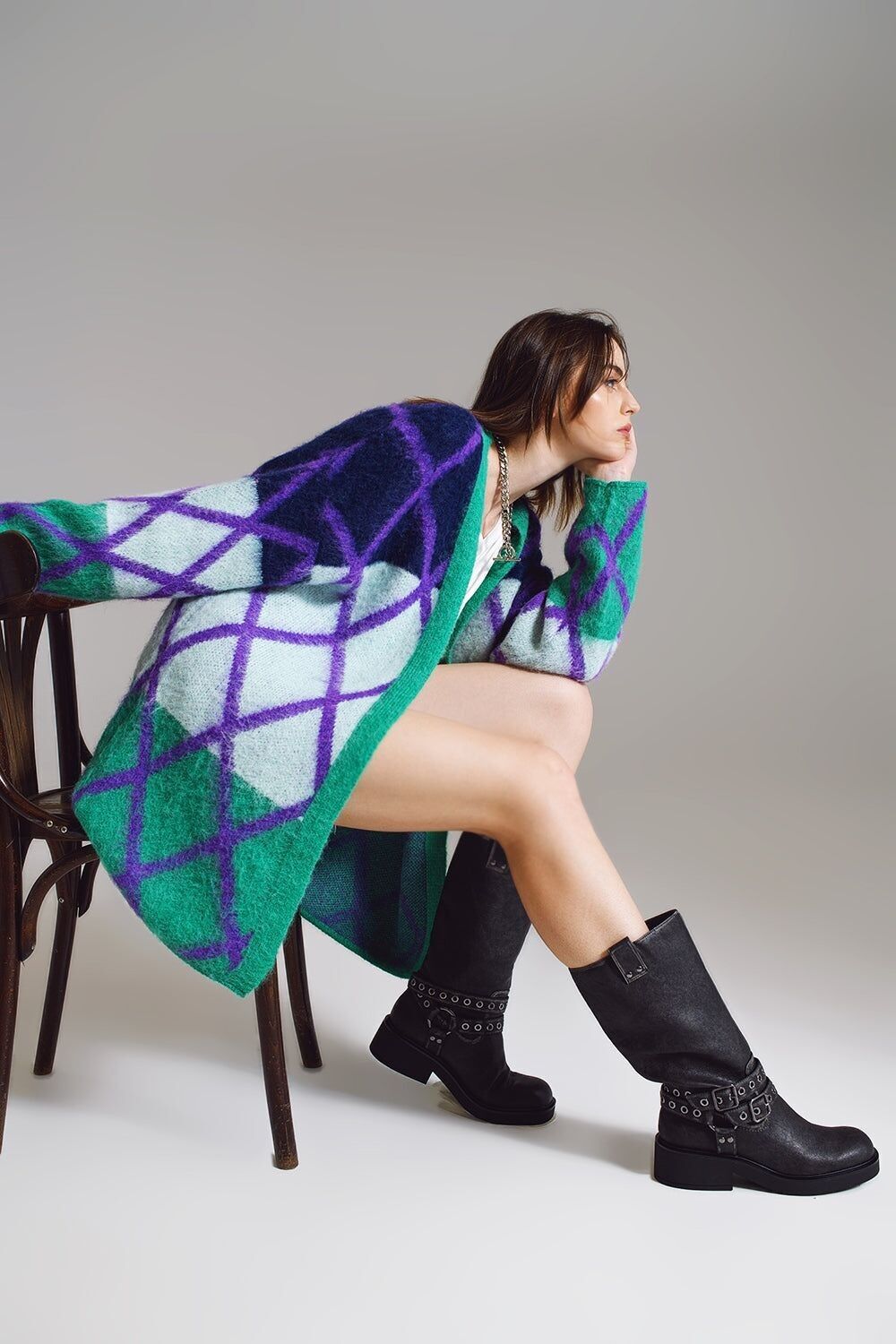 Cardigan Con Stampa Argyle e Righe nei Toni del Blu