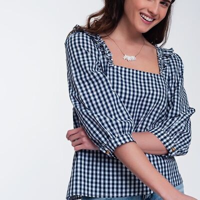 Top blu navy a quadri con scollo quadrato