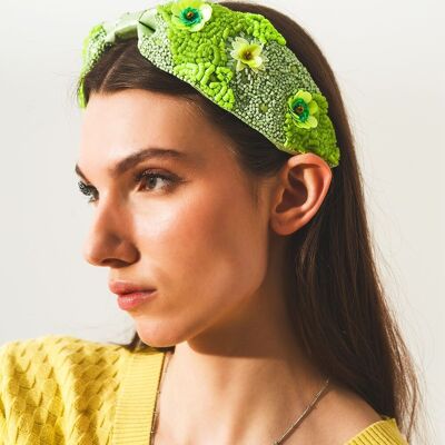 Chunky headband with embellished green flowers