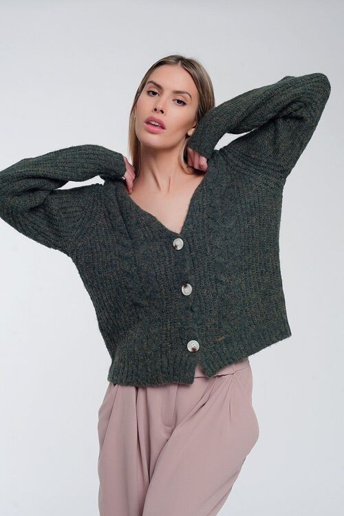 Chunky knit cardigan in khaki