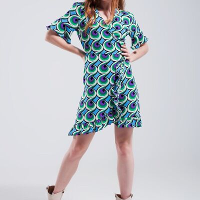 Wrap ruffle hem mini dress in 70s blue print