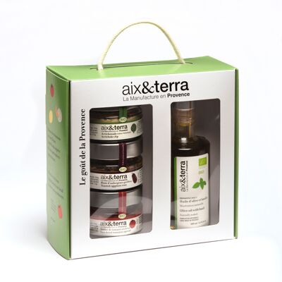Bio-Aperitif-Trio-Box & Basilikum-Olivenöl 200 ml