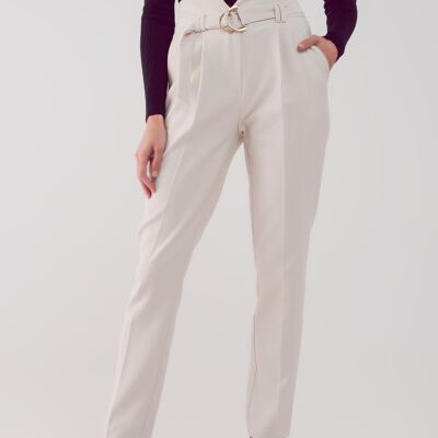 pantalones pitillo con cintura paper bag en color crema