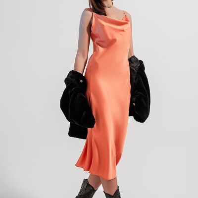 Cami midi slip dress in high shine satin in orange