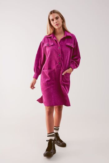 Mini robe chemise en velours côtelé fuchsia 1