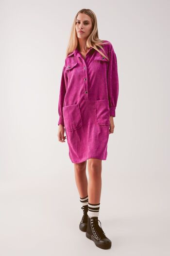 Mini robe chemise en velours côtelé fuchsia 4