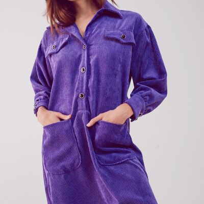 Mini robe chemise en velours côtelé violet