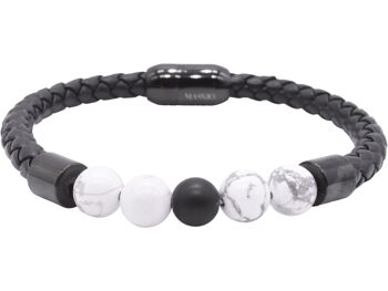 Bracelet Maskio en Cuir Noir avec Pierres Howlite et Onyx 1