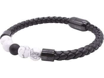 Bracelet Maskio en Cuir Noir avec Pierres Howlite et Onyx 2