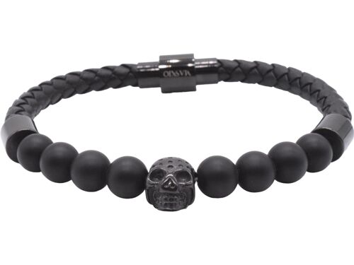 Maskio Black Leather Bracelet Onyx Stones And Skull