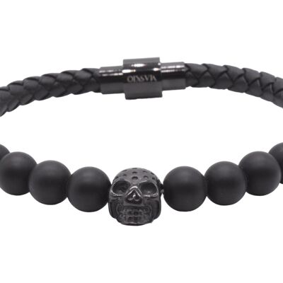 Maskio Black Leather Bracelet Onyx Stones And Skull