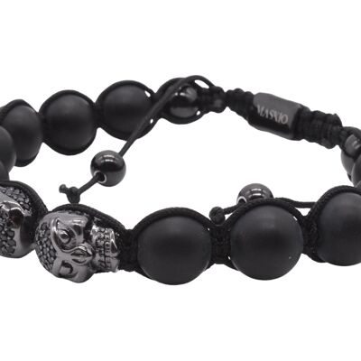Bracelet Maskio en acier inoxydable noir avec tête de mort et pierres d'onyx
