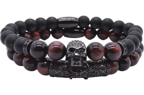 Maskio onyx and red tiger eyes stones bracelet with skull