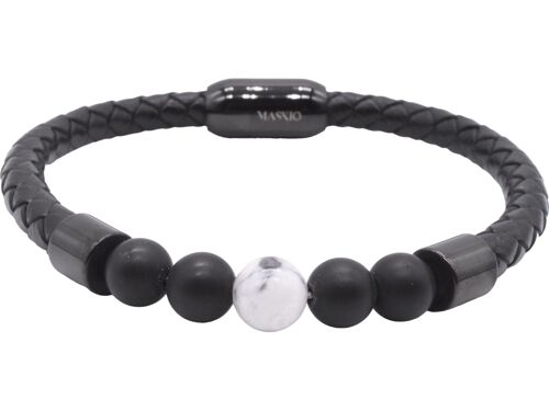 Maskio Black Leather Bracelet with Onyx and Howlite Stones