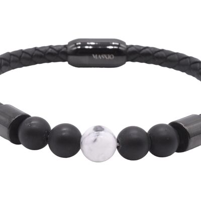 Bracelet Maskio en cuir noir avec pierres d'onyx et howlite