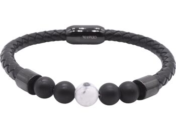 Bracelet Maskio en cuir noir avec pierres d'onyx et howlite 1