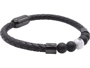 Bracelet Maskio en cuir noir avec pierres d'onyx et howlite 3