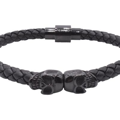 Bracelet en cuir noir Maskio avec têtes de mort