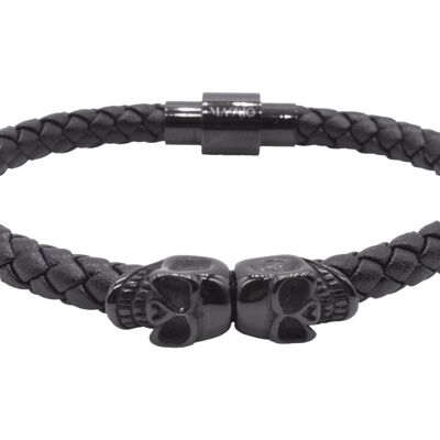 Maskio Black Leather Bracelet with Skulls