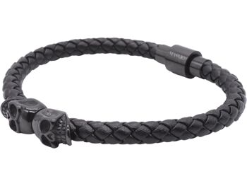 Bracelet en cuir noir Maskio avec têtes de mort 2