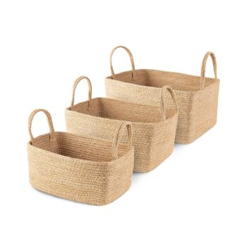 Lot de 3 paniers de rangement, en jute Dina avec poignées, S 24 x 15 x 12 cm, M 29 x 20 x 15 cm, Grand 34 x 23 x 18 cm, Marron, RAN10544 1