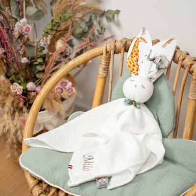 Doudou plat Lapin personnalisable, Safari, Made in France