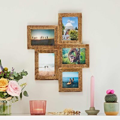Cadre multi-photos en bois de manguier à motifs floraux naturels