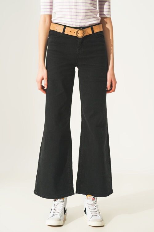 Cotton blend wide leg jeans in black