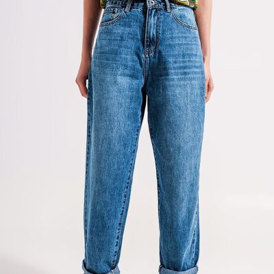 Mom jeans de cintura alta de algodón en azul medio