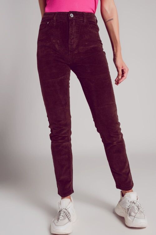 Cotton skinny cord pants in chocolate brown