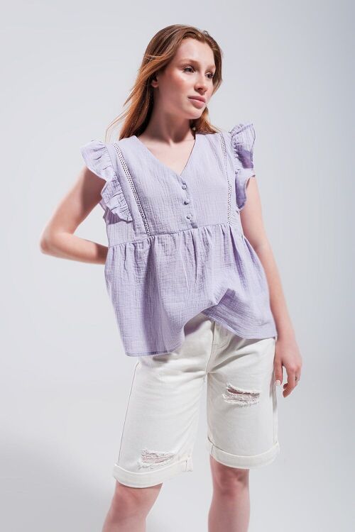 Cotton tank top with ruffle sleeves in lilac