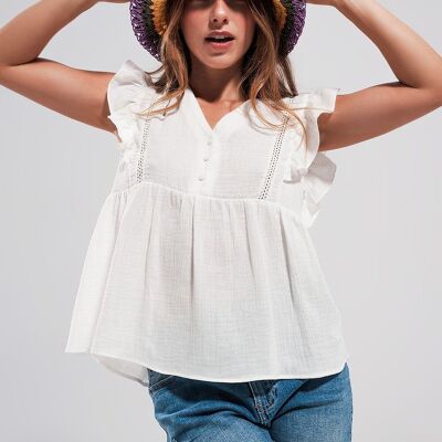 Cotton tank top with ruffle sleeves in white
