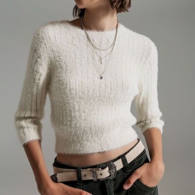 cream fluffy knit sweater with 3/4 sleeves