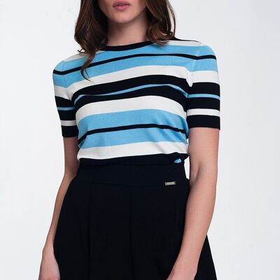 Crew neck boxy jumper with multi stripes in blue