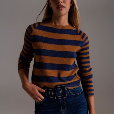 Crew Neck Light Sweater in Camel and Blue Stripes