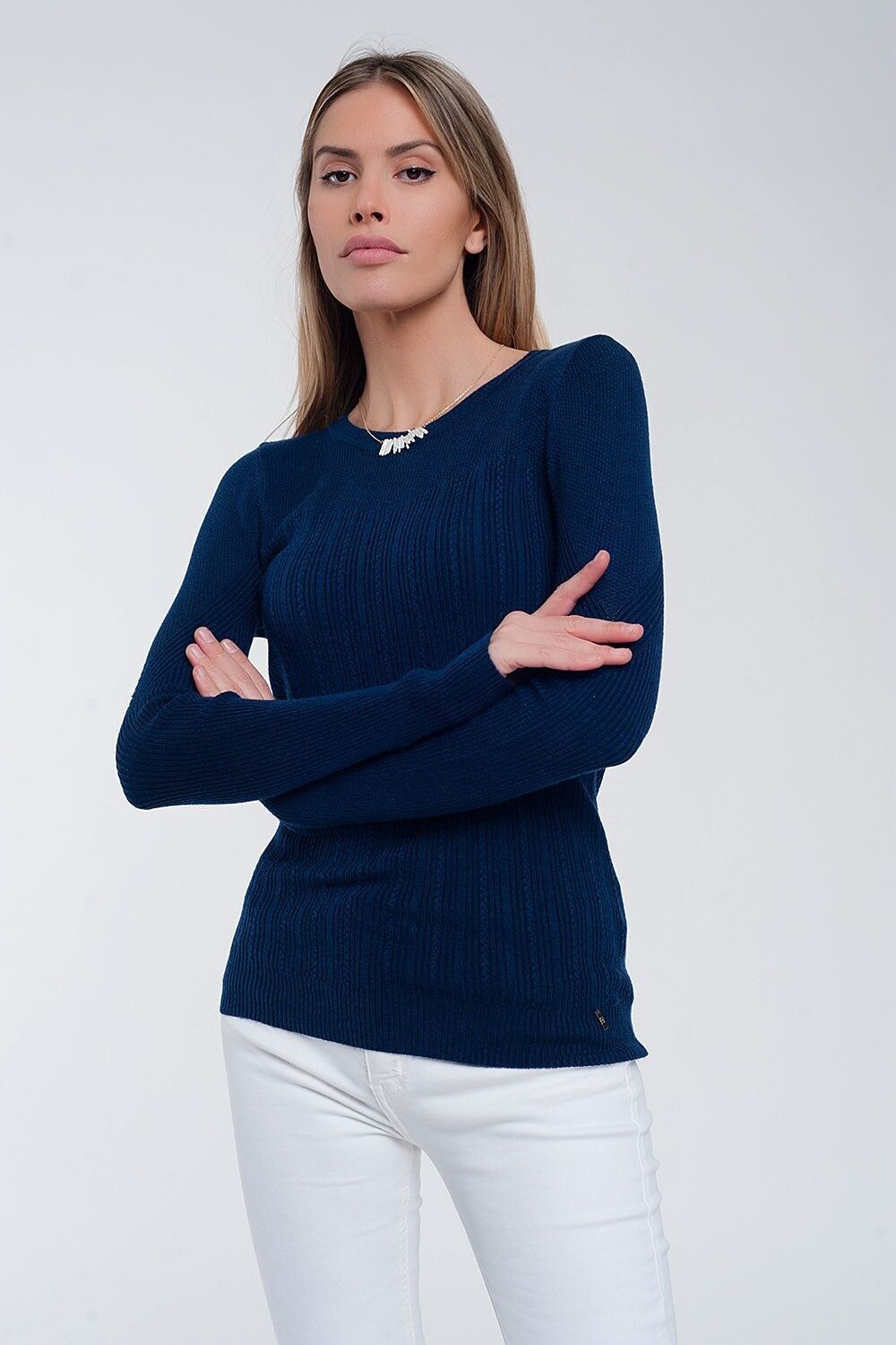 Maglione girocollo a coste blu navy