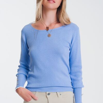 crew neck sweater with button detail in blue