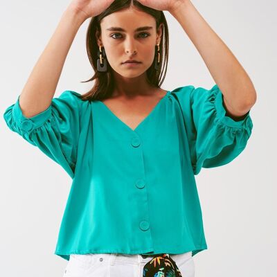 Cropped Button Through Shirt in Green