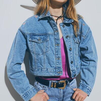 Cropped Denim Jacket With Embellished Hearts in Mid Wash