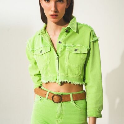 Kurz geschnittene Trucker-Jeansjacke in Acid Green