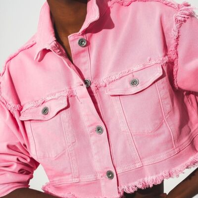Cropped denim trucker jacket in pink