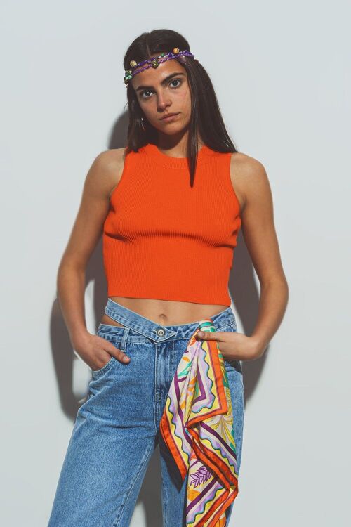 Cropped Knitted Tank Top in Orange