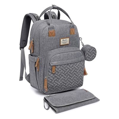 Wickeltasche, Rucksack mit Tasche/Wickelauflage, Schnullerhalter und Kinderwagengurten – HELLGRAU