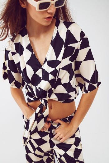 Chemise courte avec nœud à imprimé abstrait noir et blanc Bauhaus 1