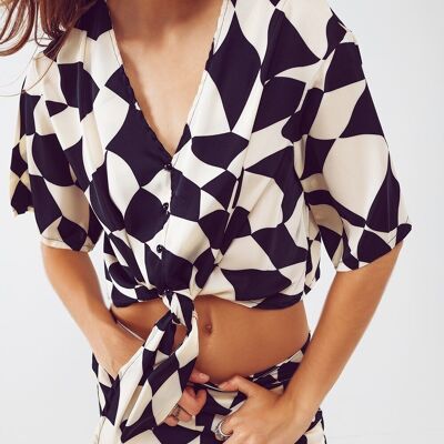 Cropped Shirt With Knot in Bauhaus Abstract Black and White Print