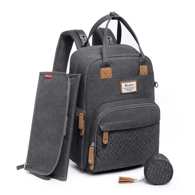 Wickeltasche, Rucksack mit Tasche/Wickelauflage, Schnullerhalter und Kinderwagengurten – DUNKELGRAU