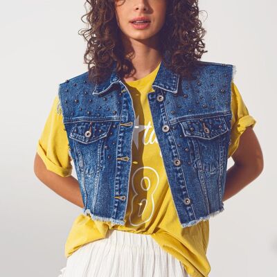 Cropped Studded Denim Vest in Blue