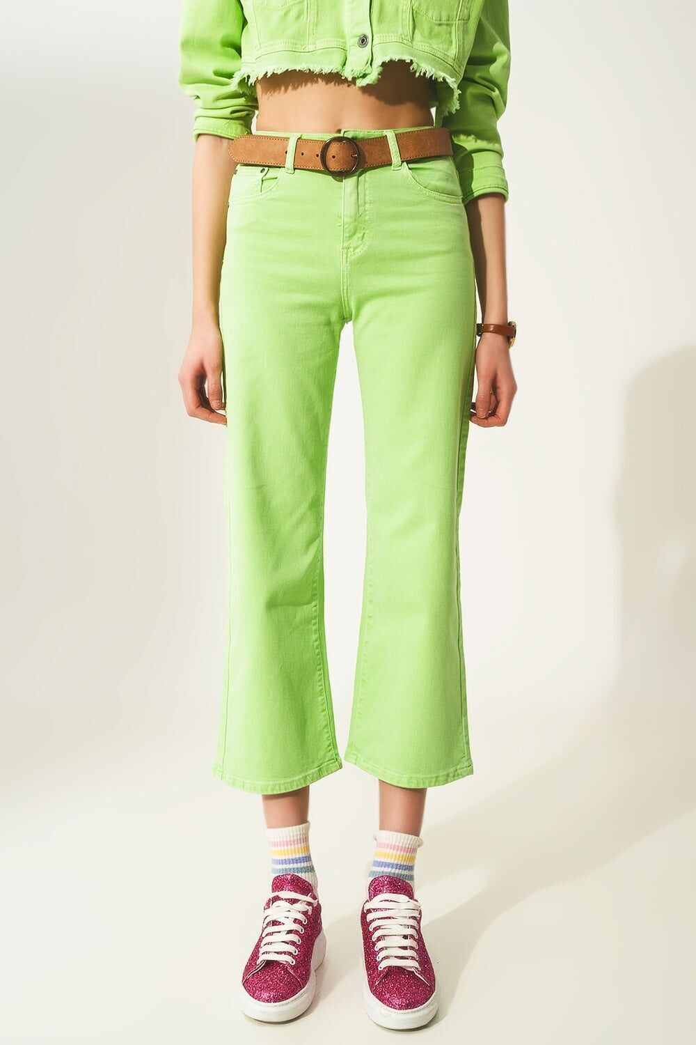 Jeans cropped a gamba larga color verde acido