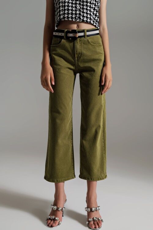 Cropped wide leg jeans in Olive green